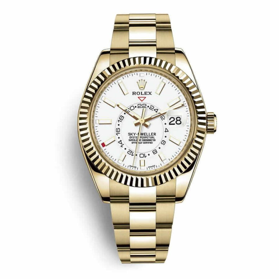 Rolex Sky-Dweller Yellow Gold with Fluted Bezel White Stick Dial 326938 Oyster