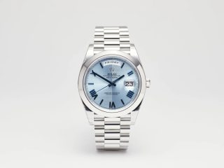 Rolex Day-Date 40 126300 Platinum Smooth Bezel Ice Blue Roman Dial 