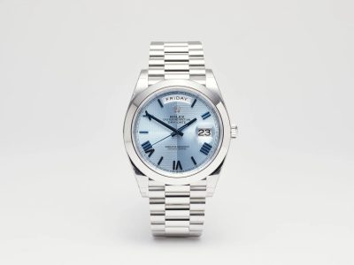 Rolex Day-Date 40 126300 Platinum Smooth Bezel Ice Blue Roman Dial