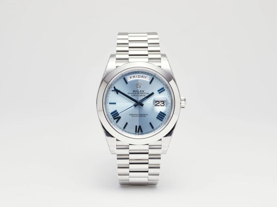 Rolex Day-Date 40 126300 Platinum Smooth Bezel Ice Blue Roman Dial