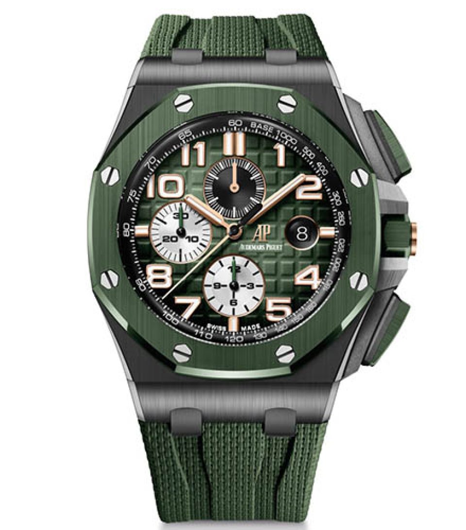 Audemars Piguet Royal Oak Offshore 26400IO Titanium Ceramic Bezel Grey Dial Green Rubber Strap